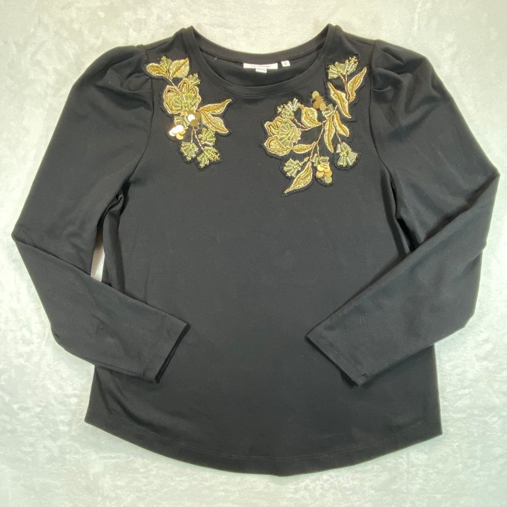 Chico's Black Long Sleeve Top Gold Floral Embroidered Embellished Blouse Size M